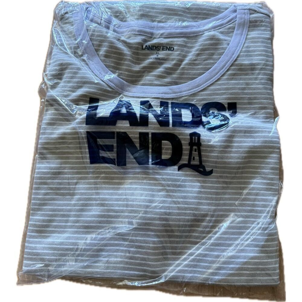 Lands End Tan and White Striped T-Shirt Tee Style # 488375 Women’s Size XL